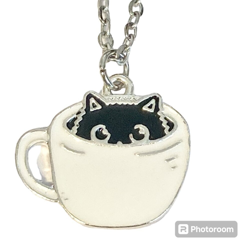 Black Cat Charm Pendant Necklace 18" Chain Enamel Coffee Cup Halloween Cat Lady
